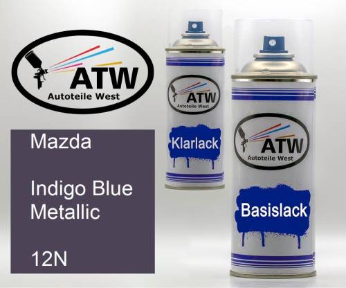 Mazda, Indigo Blue Metallic, 12N: 400ml Sprühdose + 400ml Klarlack - Set, von ATW Autoteile West.